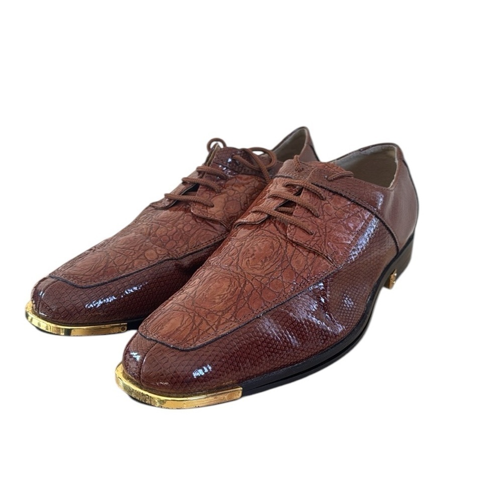 Expressions, shiny patent reptile crocodile croc, print brown dress shoes 10 1/2